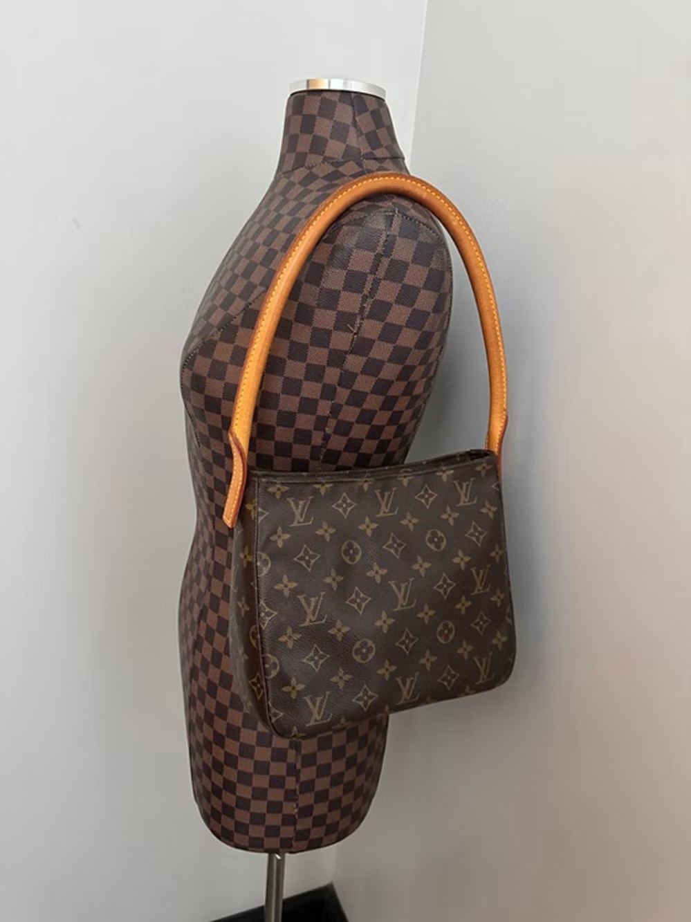 Louis Vuitton Monogram Canvas Shoulder Bag with Tan Leather Handle